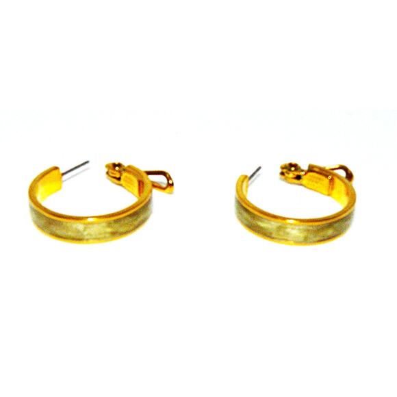 Monet 1" Pearl Enamel Gold-Tone Hoop Earrings Omega Back Women's Vintage - Picture 5 of 5